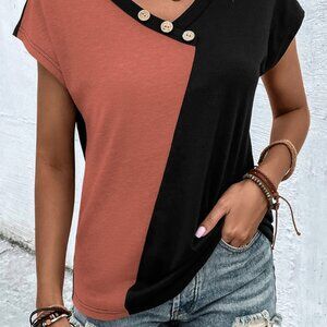 Color Block Relaxed Cap Sleeve Button Detail SHEIN sx 12 / XL Dreimp